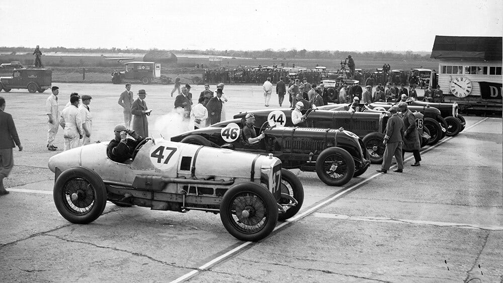 Drivers lined up for the 1930s grand prix
